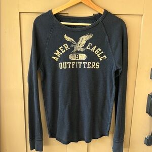 American Eagle Retro S Essential Graphic Waffle Navy Long Sleeve Tee 100% Cotton